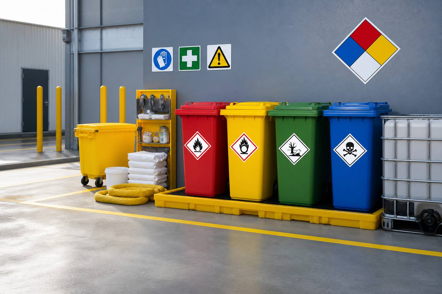 Hazardous waste disposal area with colour-coded safety containers